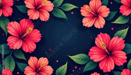 Bold hibiscus blooms, repeating motif, rich color gradients , vibrant, macro, print