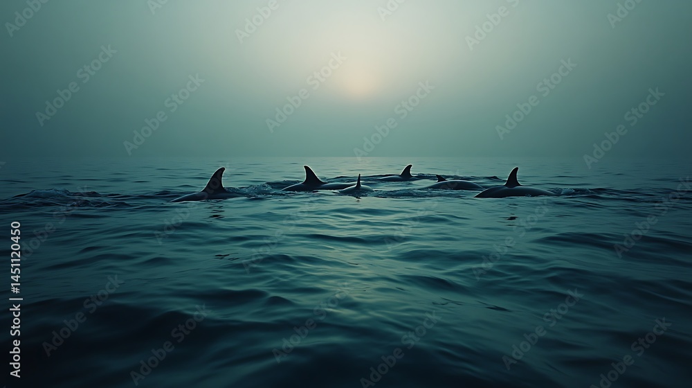 Naklejka premium Silhouettes of dolphins at dawn in a misty sea.