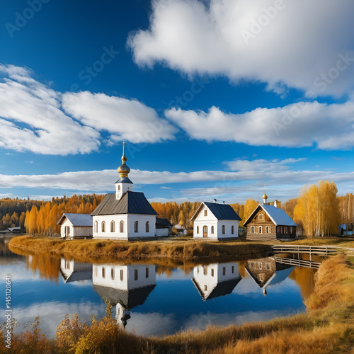Russian village with old traditional house and white chirch which is on lake coast and blue sky with white clouds on background in an autumn day