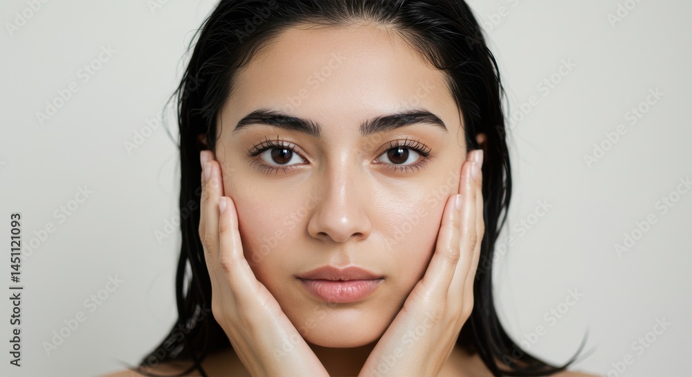 Young woman with long dark hair and subtle makeup in a serene studio portrait Young woman with long dark hair and subtle makeup in a serene studio portrait