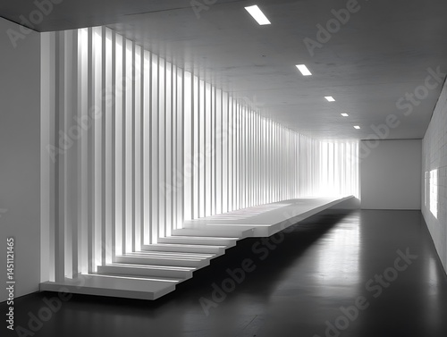 Abstract monochrome architectural space with light filtering design elements