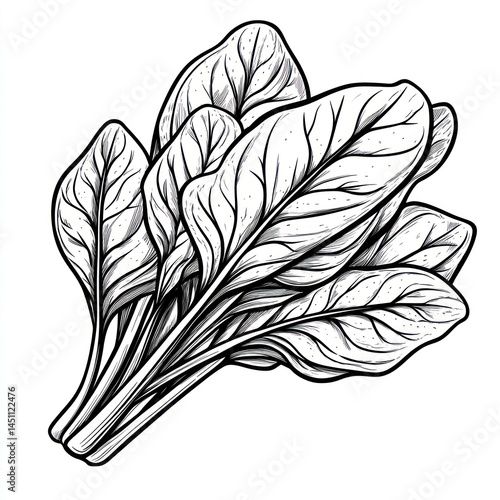 Line art drawing of a bunch of spinach leaves. (1)