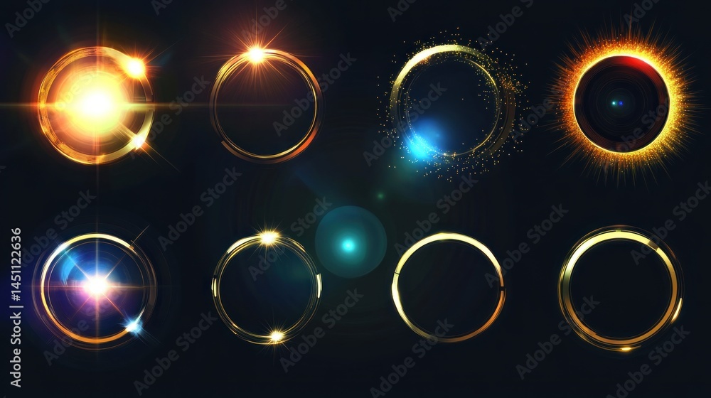 Naklejka premium Collection of golden, glowing, and sparkling light circles and lens flares on a dark background.