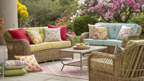 Outdoor wicker furniture set with colorful pillows on the patio