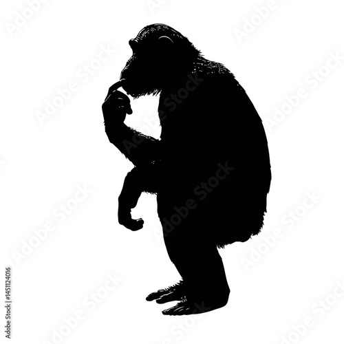 Solid black silhouette of a chimpanzee thinking, vector EPS