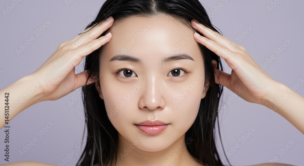 Young woman with dark hair and neutral expression in front of light purple background Young woman with dark hair and neutral expression in front of light purple background