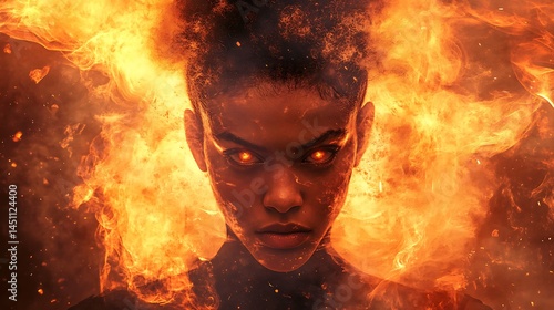 Fiery female portrait engulfed in intense flames.
