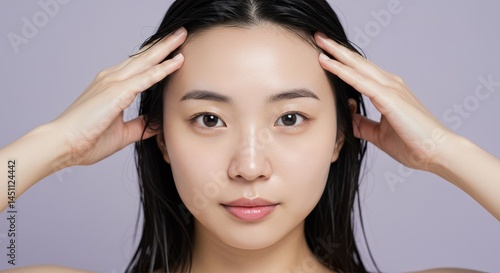 Wallpaper Mural Young woman with dark hair and neutral expression in front of light purple background Torontodigital.ca