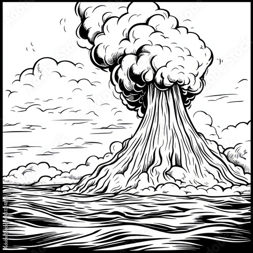 Black and white illustration of a volcanic eruption on a tropical island.