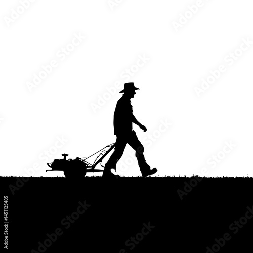 Solid black silhouette of a farmer plowing, vector EPS