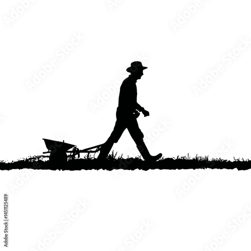 Solid black silhouette of a farmer plowing, vector EPS