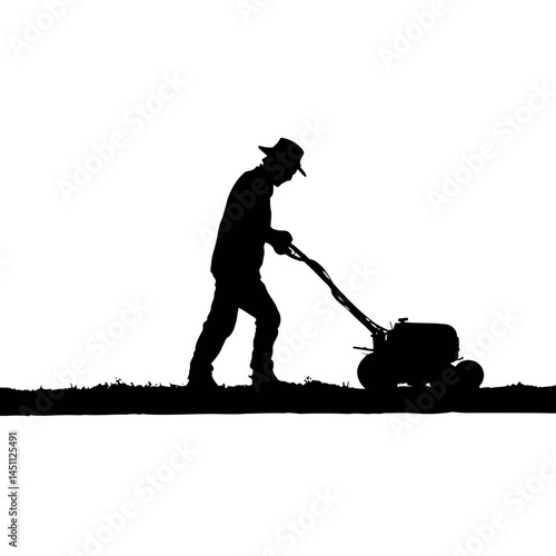 Solid black silhouette of a farmer plowing, vector EPS