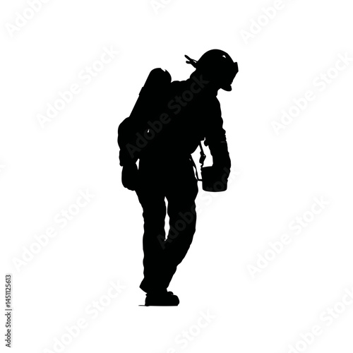 Solid black silhouette of a firefighter rescuing, vector EPS