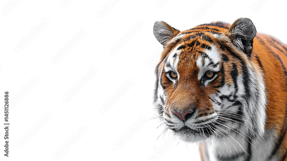 Fototapeta premium Majestic tiger prowling against a white background, showcasing its fierce gaze and vibrant fur