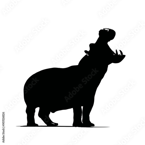 Solid black silhouette of a hippo yawning, vector EPS