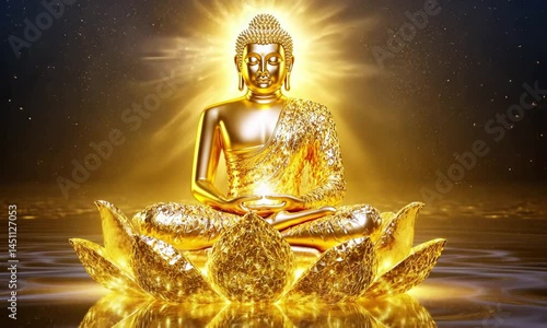 Radiant golden buddha meditation sequence with glowing aura and lotus bloom