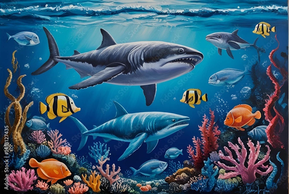 Fototapeta premium Coral reef with abundant marine life, tropical fish, sharks, seaweed