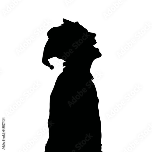 Solid black silhouette of a jester laughing, vector EPS