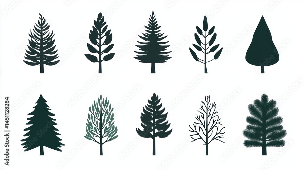 Obraz premium Collection of Silhouettes, Different Types of Trees