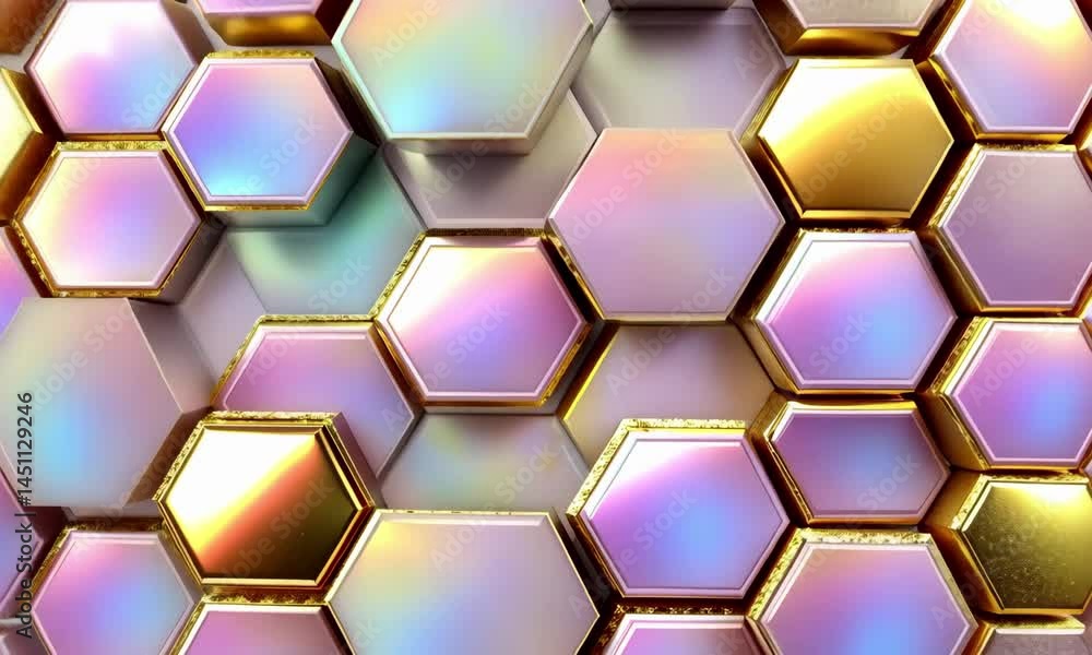 Iridescent hexagonal tiles shifting in dynamic goldpink gradient pattern Iridescent hexagonal tiles shifting in dynamic goldpink gradient pattern