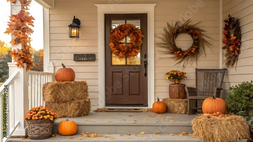 Fall porch decor with pumpkins hay bales and autumn wreaths galore