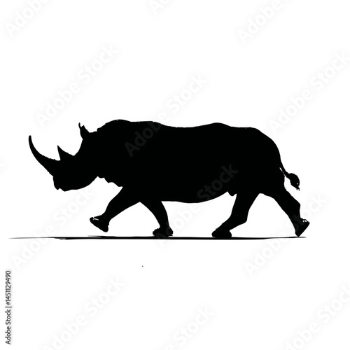Solid black silhouette of a rhino charging, vector EPS