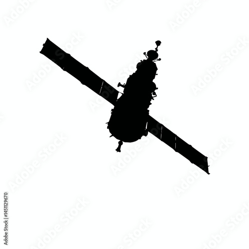 Solid black silhouette of a satellite orbiting, vector EPS