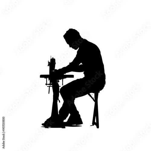 Solid black silhouette of a tailor sewing, vector EPS