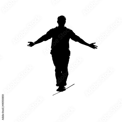 Solid black silhouette of a tightrope walker balancing, vector EPS