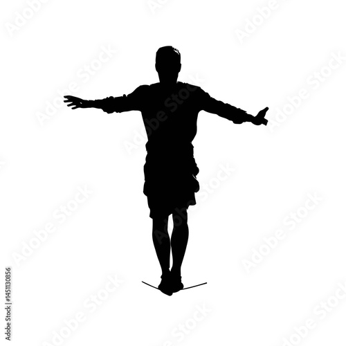 Solid black silhouette of a tightrope walker balancing, vector EPS