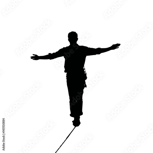 Solid black silhouette of a tightrope walker balancing, vector EPS