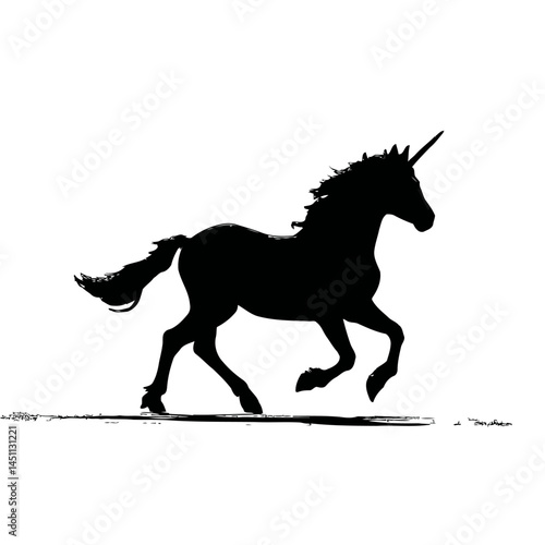 Solid black silhouette of a unicorn running, vector EPS