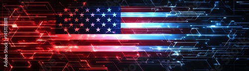Digital American flag with technology elements, vibrant colors, abstract design