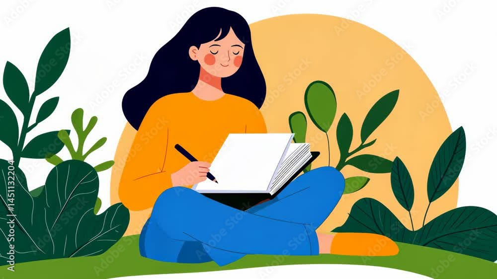 A woman writes in a notebook surrounded by greenery. A woman writes in a notebook surrounded by greenery.