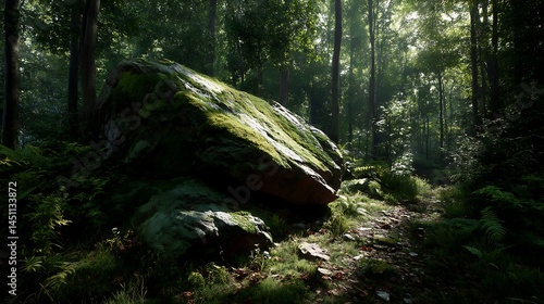 木漏れ日に照らされる苔むした森の岩