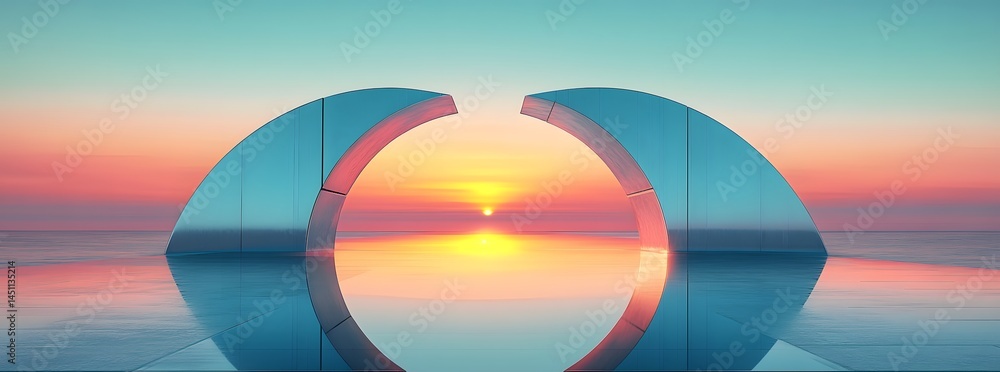 Fototapeta premium Modern geometric 3D architecture scene with metallic arch and minimal abstract design