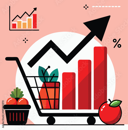Fruits placed in shopping cart show rising graph trend with percentage sign