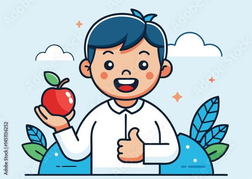 Cartoon boy smiles, holds red apple, and gives a thumbsup against a bright background