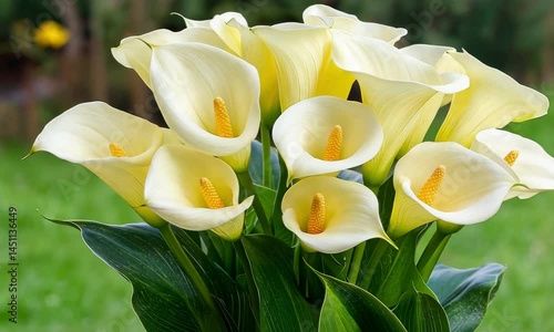 Yellow calla lily blooms in gentle breeze against lush greenery backdrop