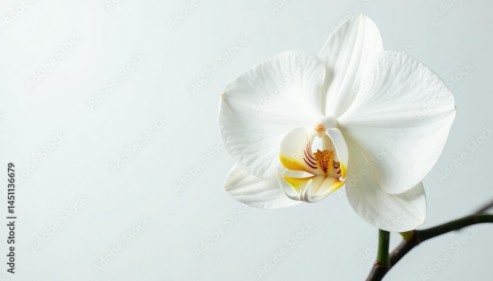Fototapeta premium Delicate white orchid blossom, pristine petals against pure backdrop, spa, bright