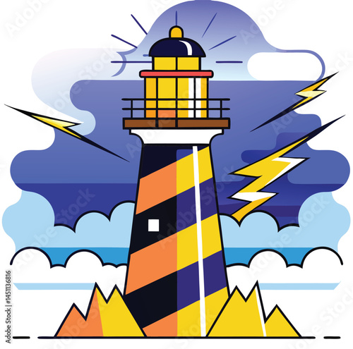 Cartoon lighthouse with yellow stripes against a stormy sky emits light beams