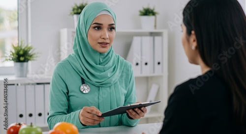 Wallpaper Mural A Muslim Female Doctor in Hijab Consults with a Patient in a Modern Clinic Setting Torontodigital.ca