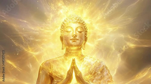 Radiant transformation of golden buddha surrounded by ethereal light and energy