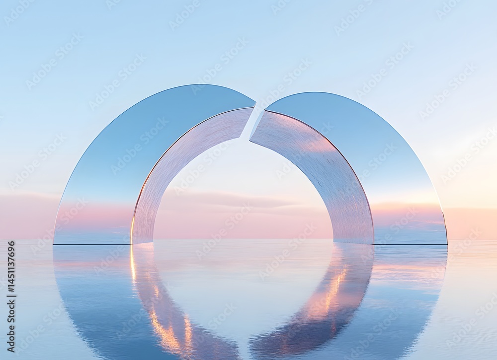 3d illustration of abstract minimal architecture background, geometric architectural with chrome or metallic arch design,