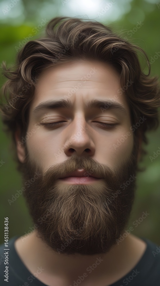 Close-up portrait of a young bearded man meditating peacefully with closed eyes in a tranquil natural forest environment, representing mindfulness and inner calm
Close-up portrait of a young bearded man meditating peacefully with closed eyes in a tranquil natural forest environment, representing mindfulness and inner calm