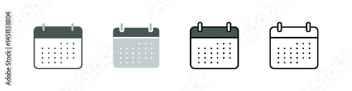 Four calendar icons in different graphic styles showing schedule and time management, appointment date and events on a transparent background