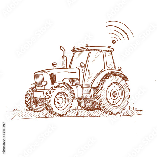 Autonomous Farm Tractor sketch, Rustic hand-drawn vector, Transparent background, Terracotta accents, Automated farming concept, Graphic element for agritech design