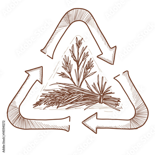Agricultural Waste Recycling, Hand-drawn vector sketch on transparent background, Terracotta accents, Sustainable farming, eco concept, Illustration for environmental design