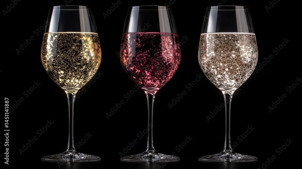 Three wine glasses with red, white and rose wine, artistic composition, generative ai Three wine glasses with red, white and rose wine, artistic composition, generative ai