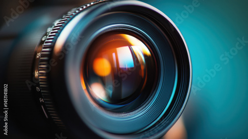 Close-up of a professional camera lens with detailed focusing s and reflections, showcasing high-quality photographic equipment for photography enthusiasts